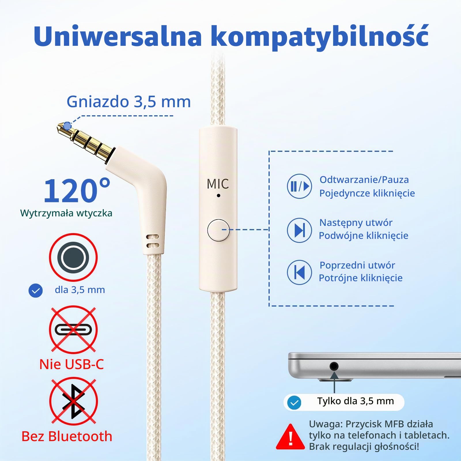 Botesty Sound Przewodowe słuchawki z mikrofonem, słuchawki nauszne przewodowe z nieplączącym się nylonowym przewodem o długości 1,5 m, 3,5 mm, do smartfona, tabletu, komputera, MP3/4 (beżowo-białe)