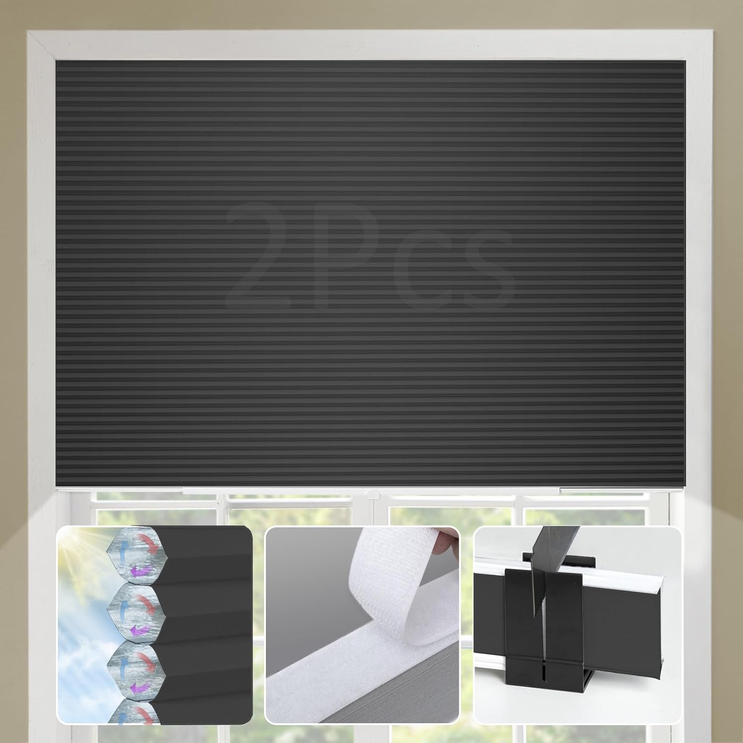 Cellular Shades No Tools No Drill Custom Honeycomb Blinds Blackout for Window Easy Cut to Size Cellular Blind Black-White, 29" W(19"-29") x 64" H 2Packs Black-white 2Pack (19"-29")W x 64"H