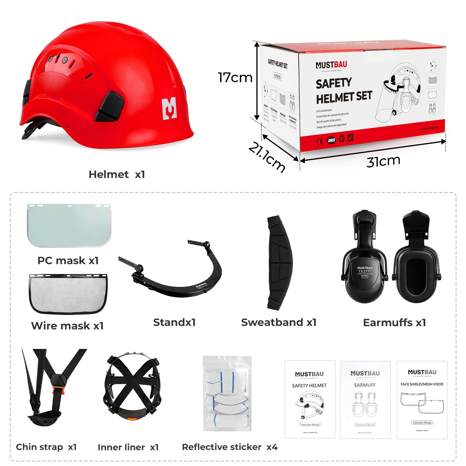 Casco de Seguridad para Motosierra, Casco de Protección con Orejeras y Visera de Malla, 53 a 63cm Diadema Ajustable Adecuado para Silvicultura, Obras, Trabajo