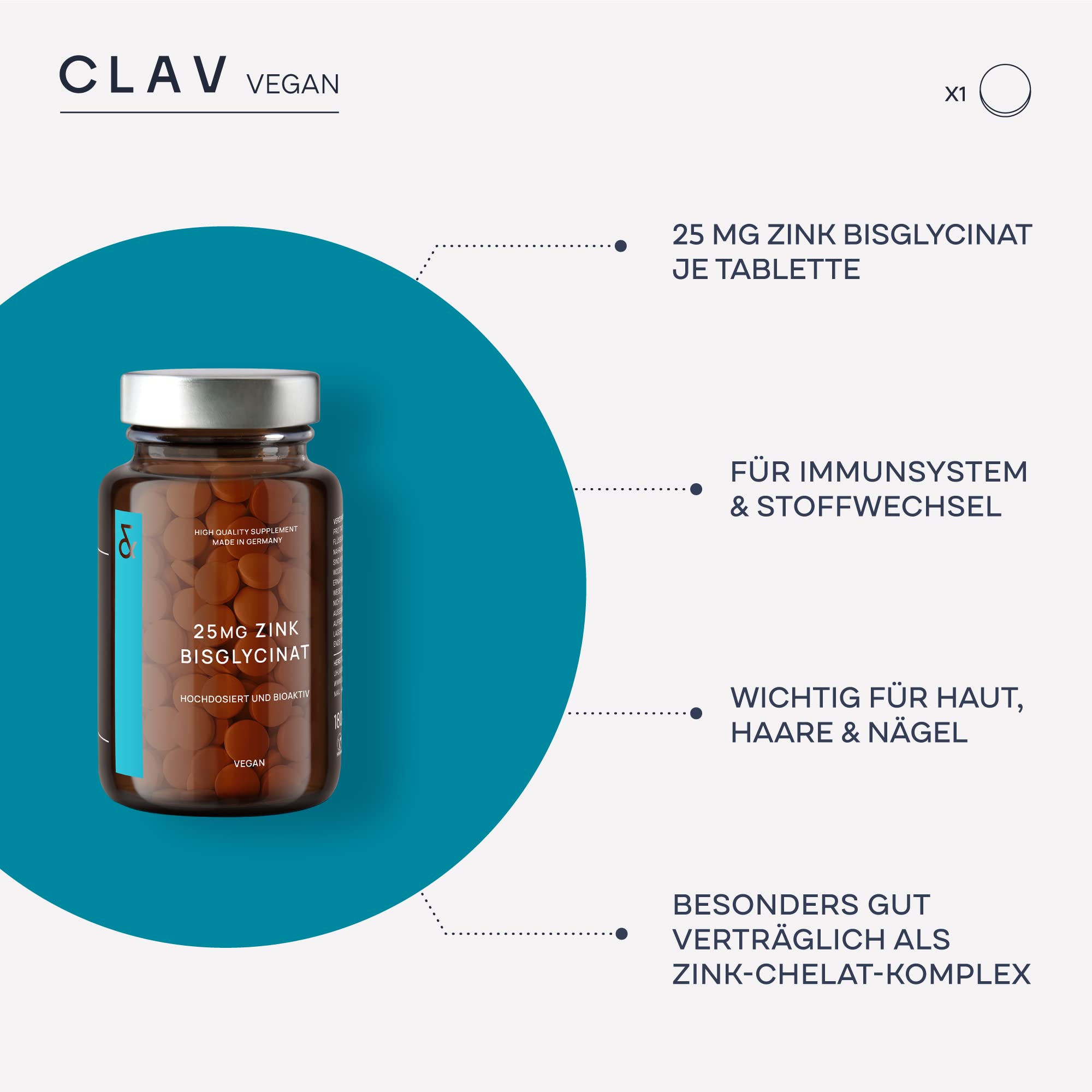 CLAV® Zink 25mg, Premium Bisglycinat hochdosiert, 540 Vegane Tabletten