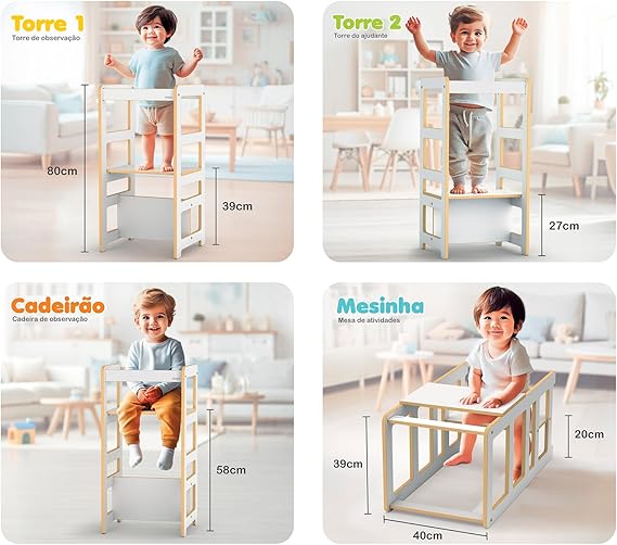Torre de aprendizagem montessoriana em madeira natural
