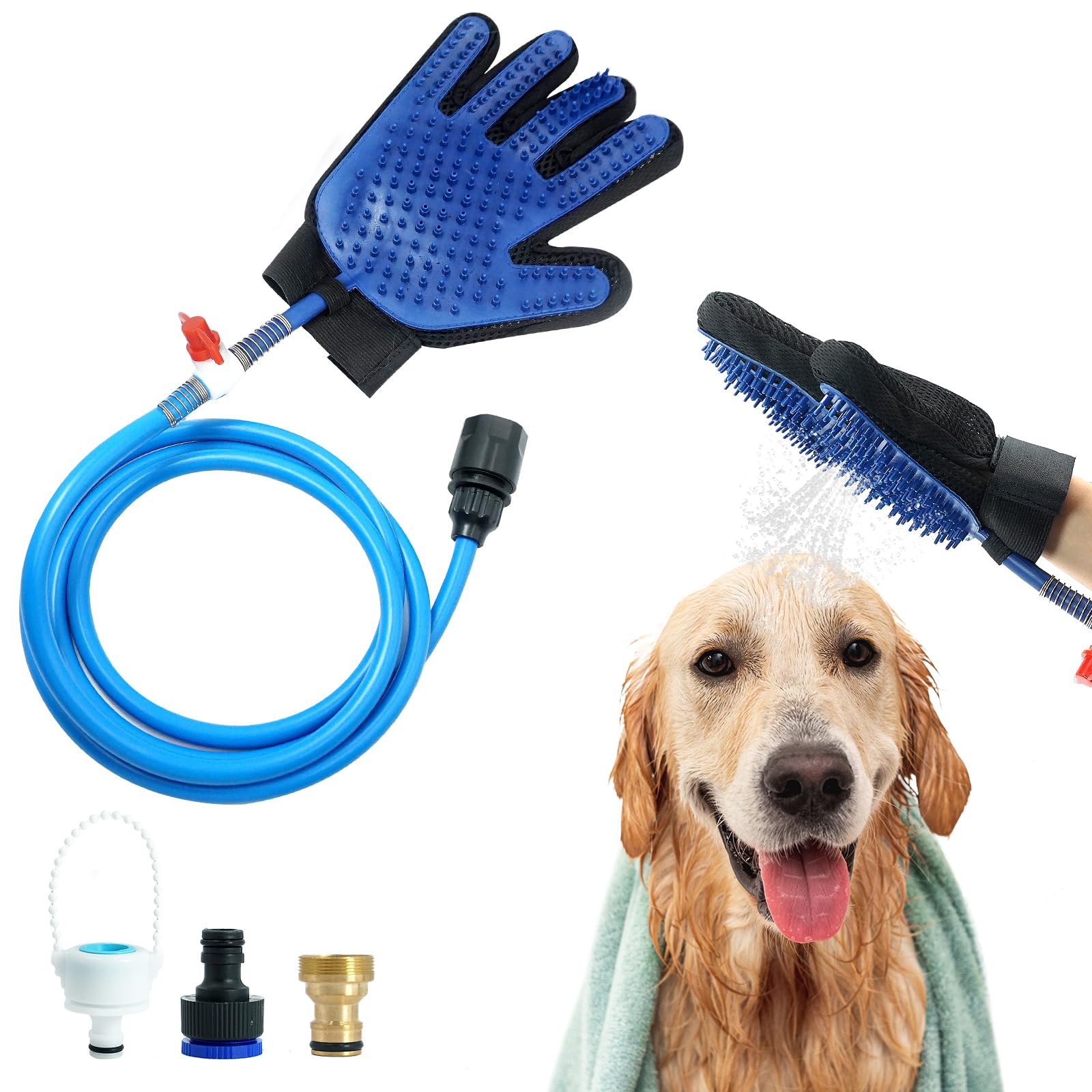 4 in 1 Hundebadbürste, Haustier Duschkopf, Hunde Badebürste mit 2.1 Meters PVC Schlauch und 3 Schlauchadapter, Hundebürsten für Schrubben, Massieren und Pflegen