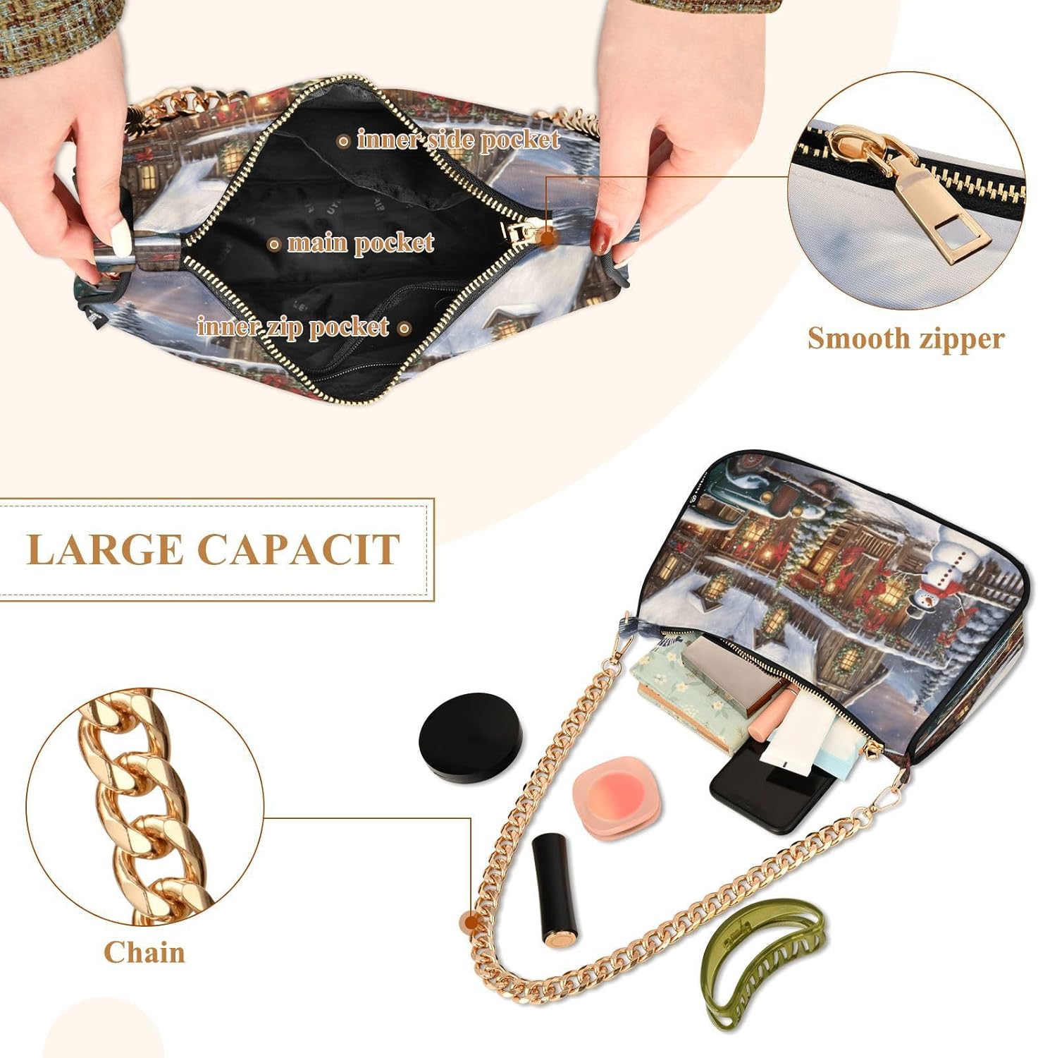 Hobo Bags for Women Snowman Snow Christmas Tote Purses Small Handbags with Chain 20848167