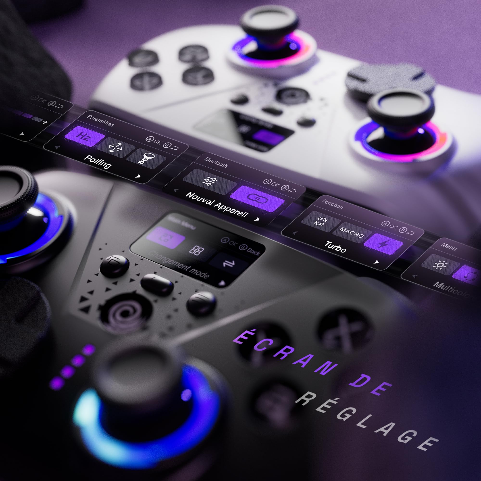 Oniverse Manette sans fil pour Switch 2/Switch/OLED/Lite/PC/Mobile, Écran intégré, Joysticks et gâchettes Hall Effect, 11h, Tactile switch D-pad, Boutons macro arrière mécaniques - Aura (Void Black)