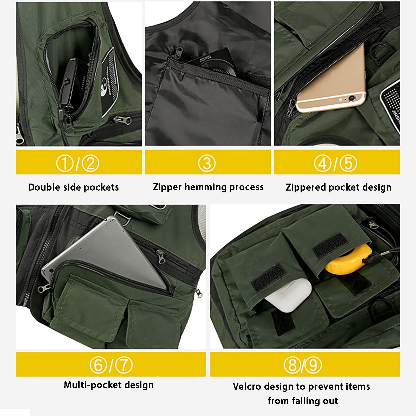 Fishing Vest Multi-Tasca with Mesh Back Gilet da Pesca a Mosca Strisce Riflettenti Outdoor Fotografi Vest per la Fotografia di Pesca in Campeggio Escursionismo