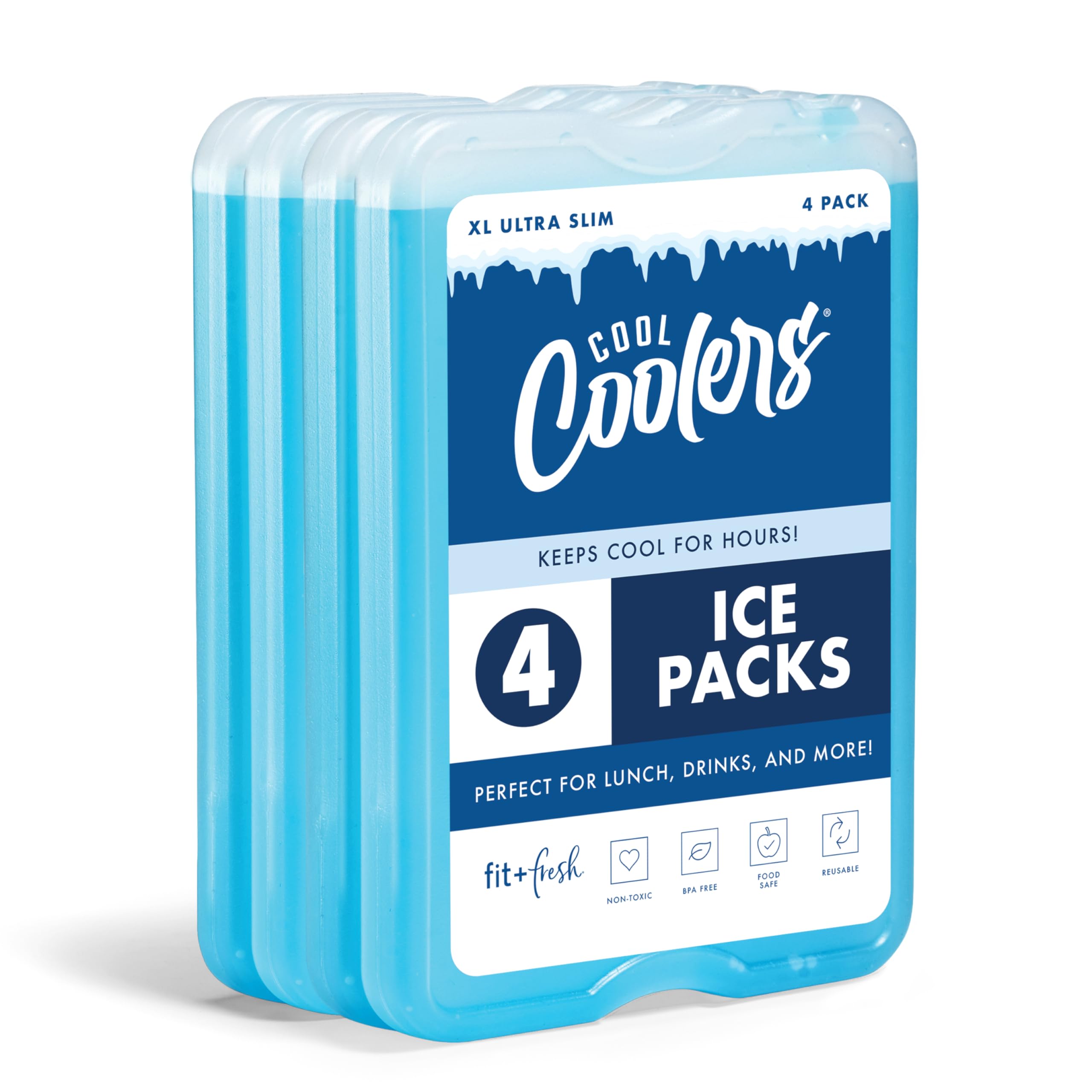Cool Coolers by Fit & Fresh 4 Pack XL Slim Ice Packs, Quick Freeze Space Saving Reusable Ice Packs for Lunch Boxes or Coolers, Blue, 239ICE, 4 count (Pack of 1)