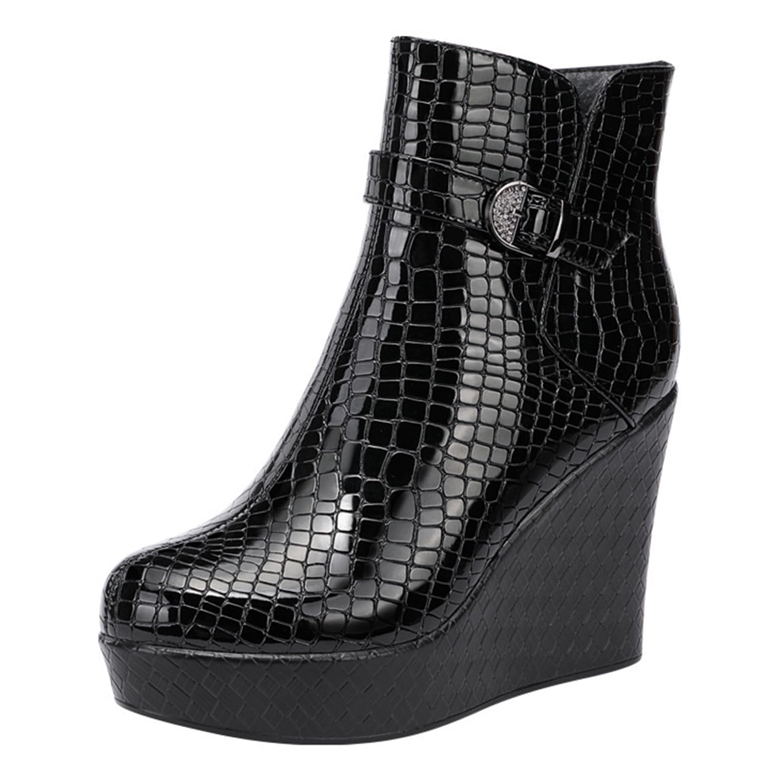 Womens Platform Wedge Heel Ankle Boots Fashion Print Leather Comfy Side Zip Round Toe Sole Buckle Ankle Strap