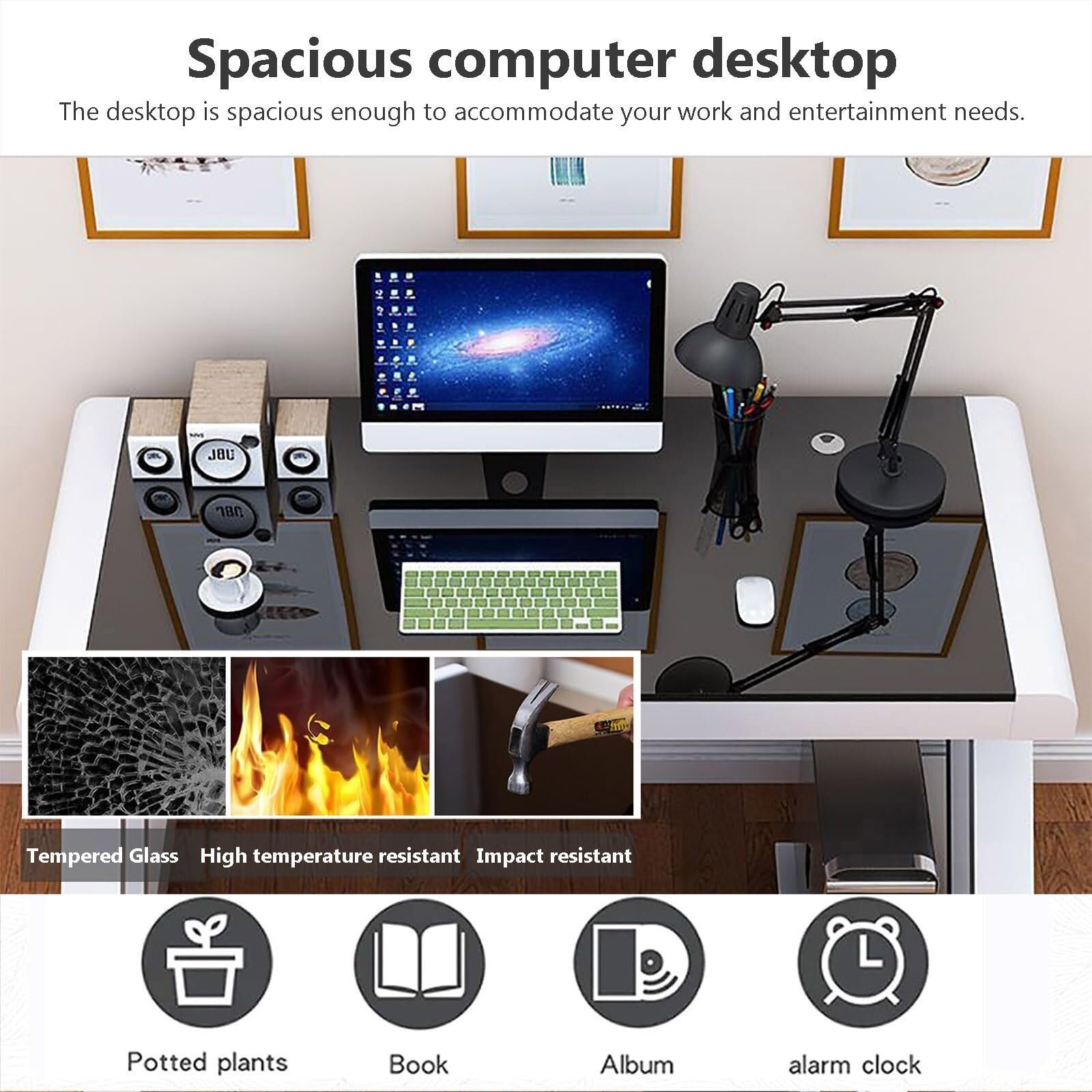 Scrivania per computer in vetro temperato, moderna scrivania da ufficio a forma di Z con piano in vetro, robusta scrivania per casa, ufficio, postazione di lavoro, facile da montare