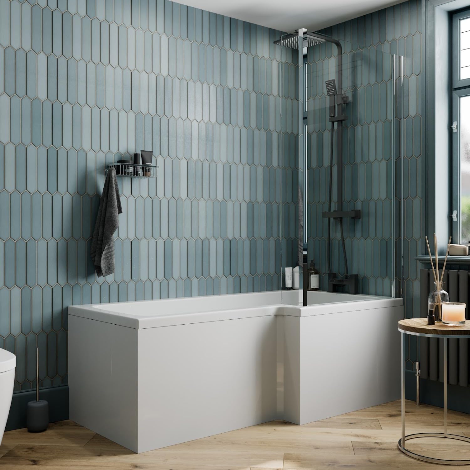 BAYSTONE 1700 x 855mm Right Hand L Shaped Shower Bath Bathtub with Front Panel + Chrome Bath Screen
