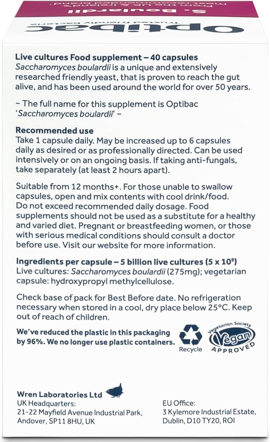 Optibac Probiotics Saccharomyces Boulardii - Vegan Scientifically Proven Digestive Probiotic Supplement, 5 Billion CFU - 40 Capsules