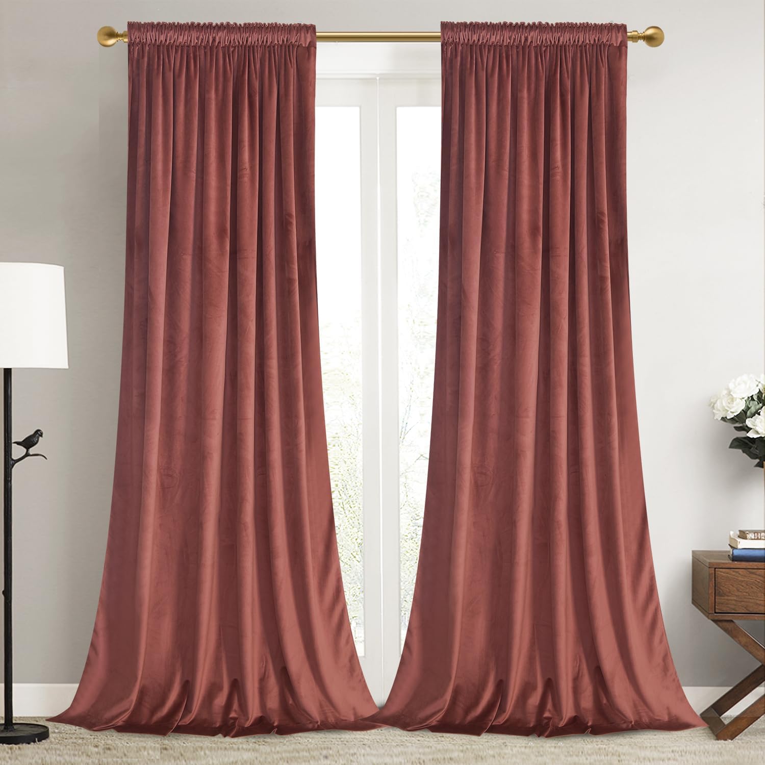 Roslynwood Rod Pocket & Clip Rings Velvet Curtains - Brick Dust Room Darkening Privacy 96 inches Drapes for for Nursery Kids/Study Room, W52 x L96, 2 Panels