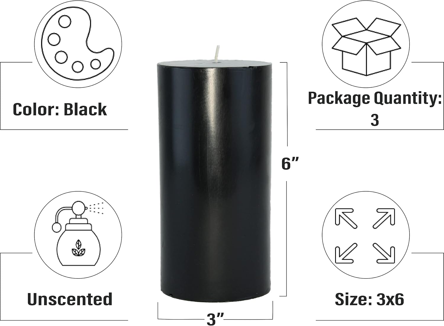 CandleNScent 3x6 Black Pillar Candles Hand Poured Unscented (Pack of 3): Home Improvement