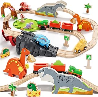Lehoo Castle Wooden Train Set - Dinosaur Train Set for Toddlers 2-4, Wooden Train Track Railway Playset Toys for 3 4 5 6 Year Old Boys Girls Birthday Gifts