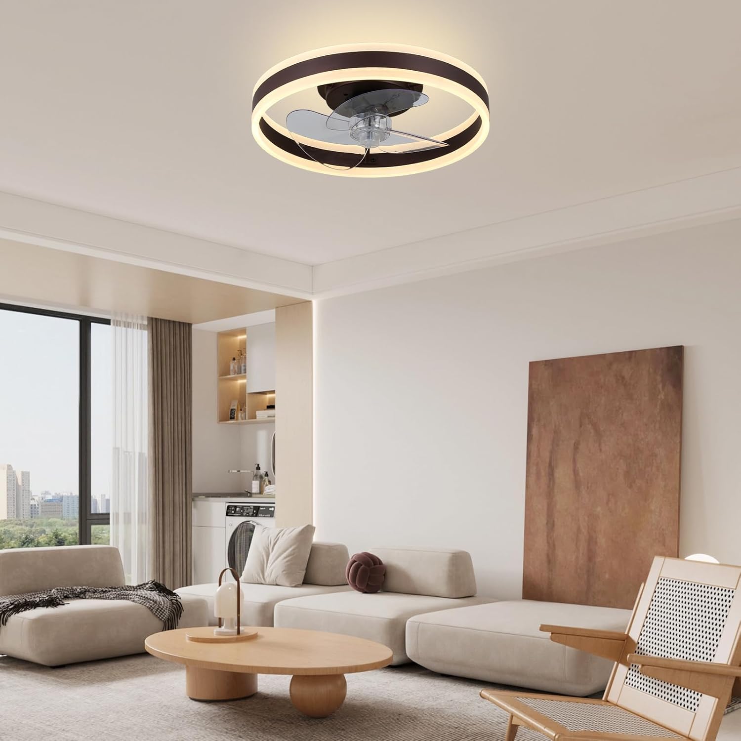 16" Low-Profile Ceiling Fan with Light (Coffee Brown), Modern Bladeless Enclosed Fandelier, Dimmable CCT, Remote & App Control, Timer & Memory for Bedroom/Living Room/Hallway