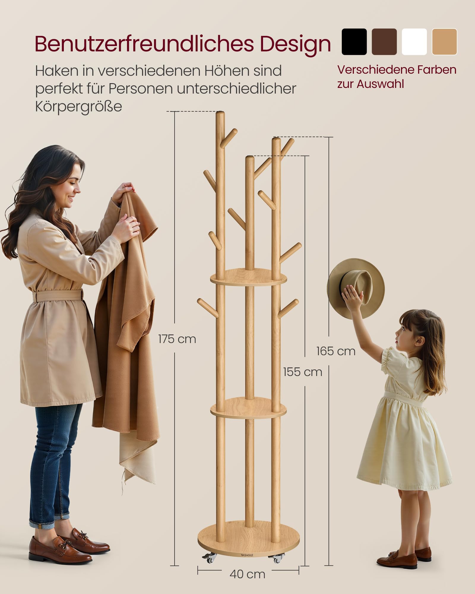 VASAGLE Garderobenständer, Kleiderständer mit 11 Haken und 3 Ablagen, 4 drehbare und abnehmbare Rollen, Haken und Haltestangen aus Massivholz, Eingang Schlafzimmer Wohnzimmer, naturfarben RCR023YK01