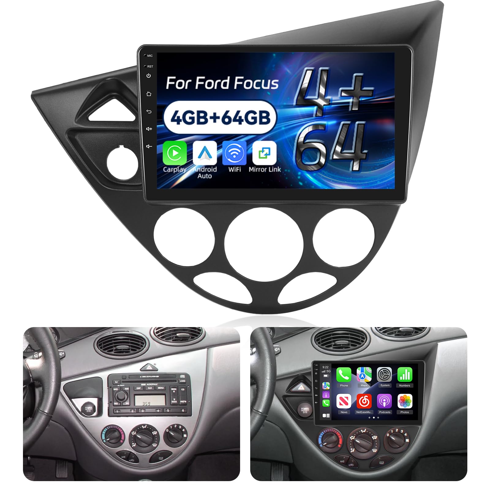 NHOPEEW 4+64G Radio de Coche para Ford Focus 1998-2004 - Radio Android de 9 Pulgadas con Inalámbrico Carplay y Android Auto - Mirror Link 32EQ DSP Pantalla Dividida + Cámara de Reversa & Micrófono