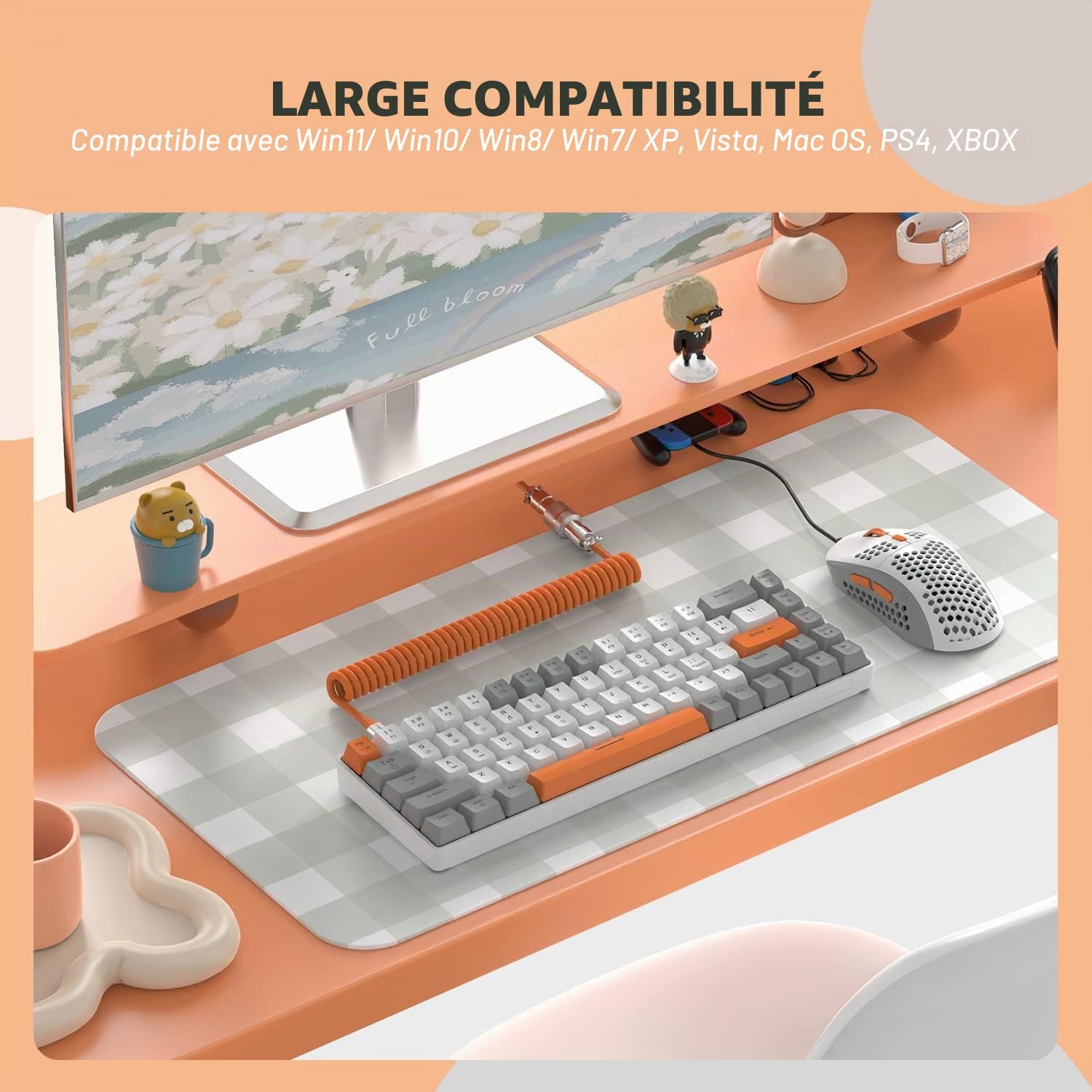 YINDIAO T8 Combos Clavier et Souris de Jeu 60% RVB + Câble USB C Spiralé,Clavier Mécanique Filaire,Disposition Compacte 68 Touches TKL,Souris en Nid d'abeille,Jusqu'à 6400 DPI,pour PC PS5,Gris Clair