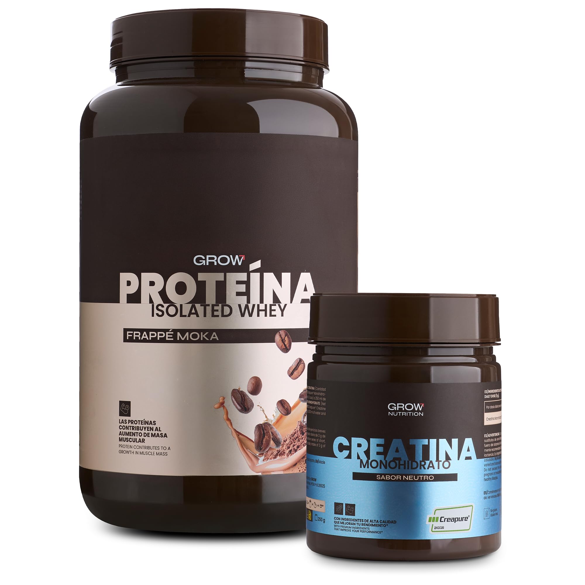 Grow Wellness Lote Proteína Aislada Frappé Moka 1 kg + Creatina Monohidrato Creapure 250 g | Proteína Whey Isolate CFM, Sabor Moka y Creatina Sabor Neutro