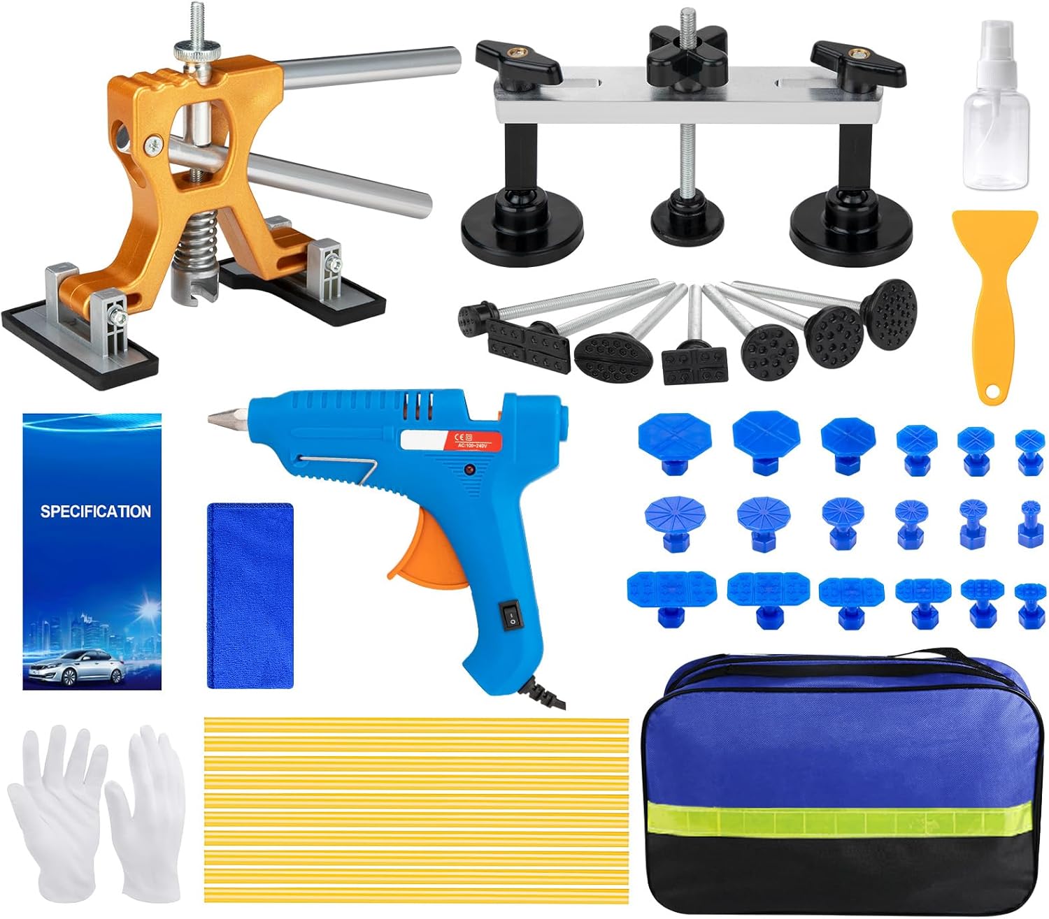 INCOMPLETE. 45Pcs Car Dent Puller Kit, Paintless Dent Removal Kit with Adjustable Bridge Puller & Golden Lifter, Hail Damage Dent Repair Kit with 100W Glue Gu? for Auto Body Truck Refrigerator DIY Repair A5-1