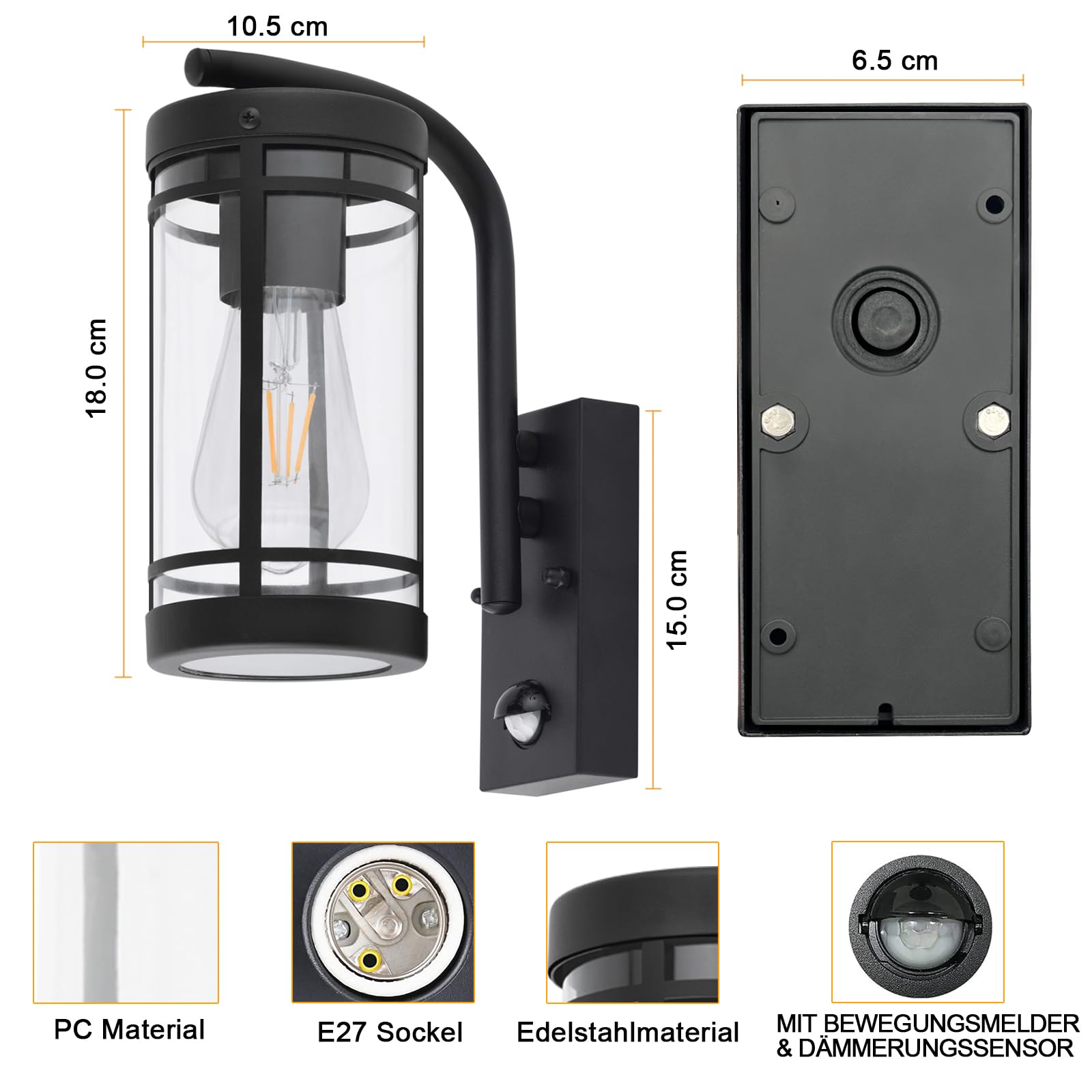 Aussenlampe mit bewegungsmelder,Edelstahl,IP44 wasserdicht,Anthrazit | E27 Fassung Moderne Außenlampe für Garten, Fassade und Haustür
