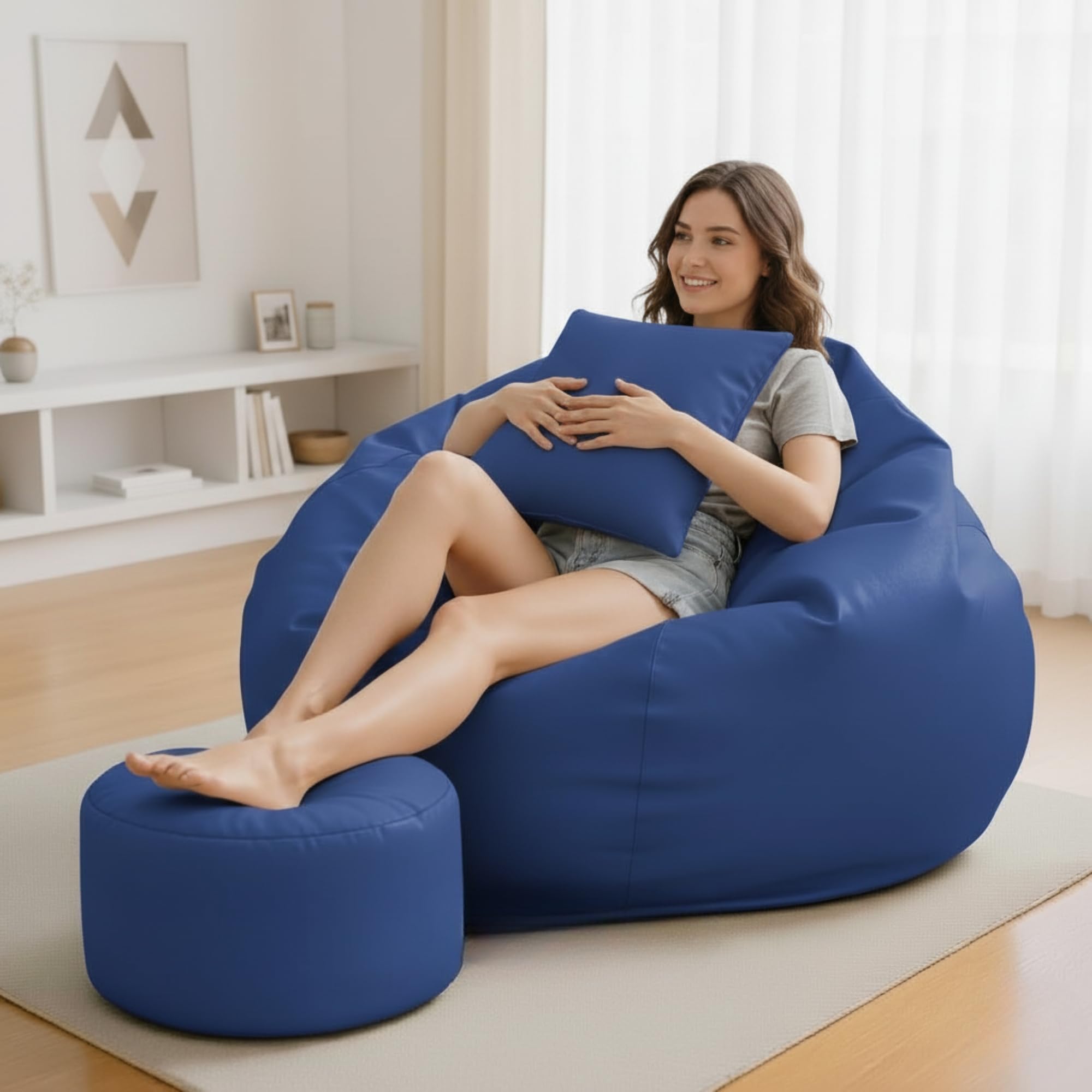 Biggie Bean Bag 7XL Bean Bag Chair with Beans Filled - The Classics Bean Bag Sofa - Combo Set-Styled for Elegance with Free Cushion & Footrest (Matching Color : Yxani Blue)