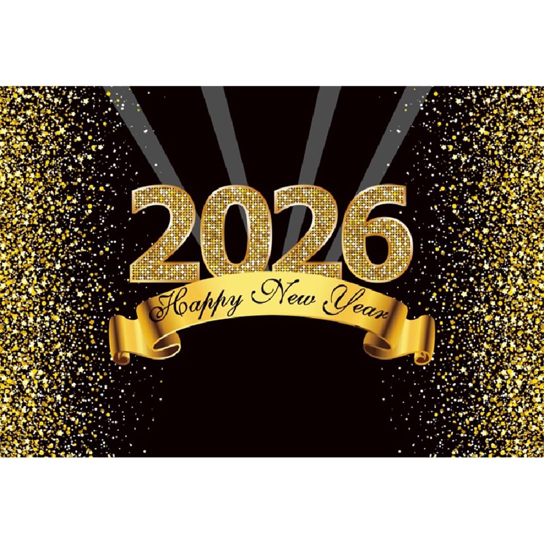 Laeacco Happy New Year Backdrop - 5x3FT Black & Gold Polyester Photography Background With Glitter