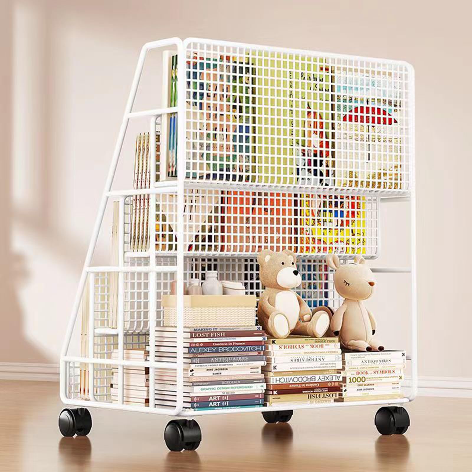 Carro para libros Carro para libros con ruedas Carro utilitario con ruedas de metal de 4 niveles Carro para archivos con ruedas para trabajo pesado Blanco para oficina, hogar, escuela, aula,