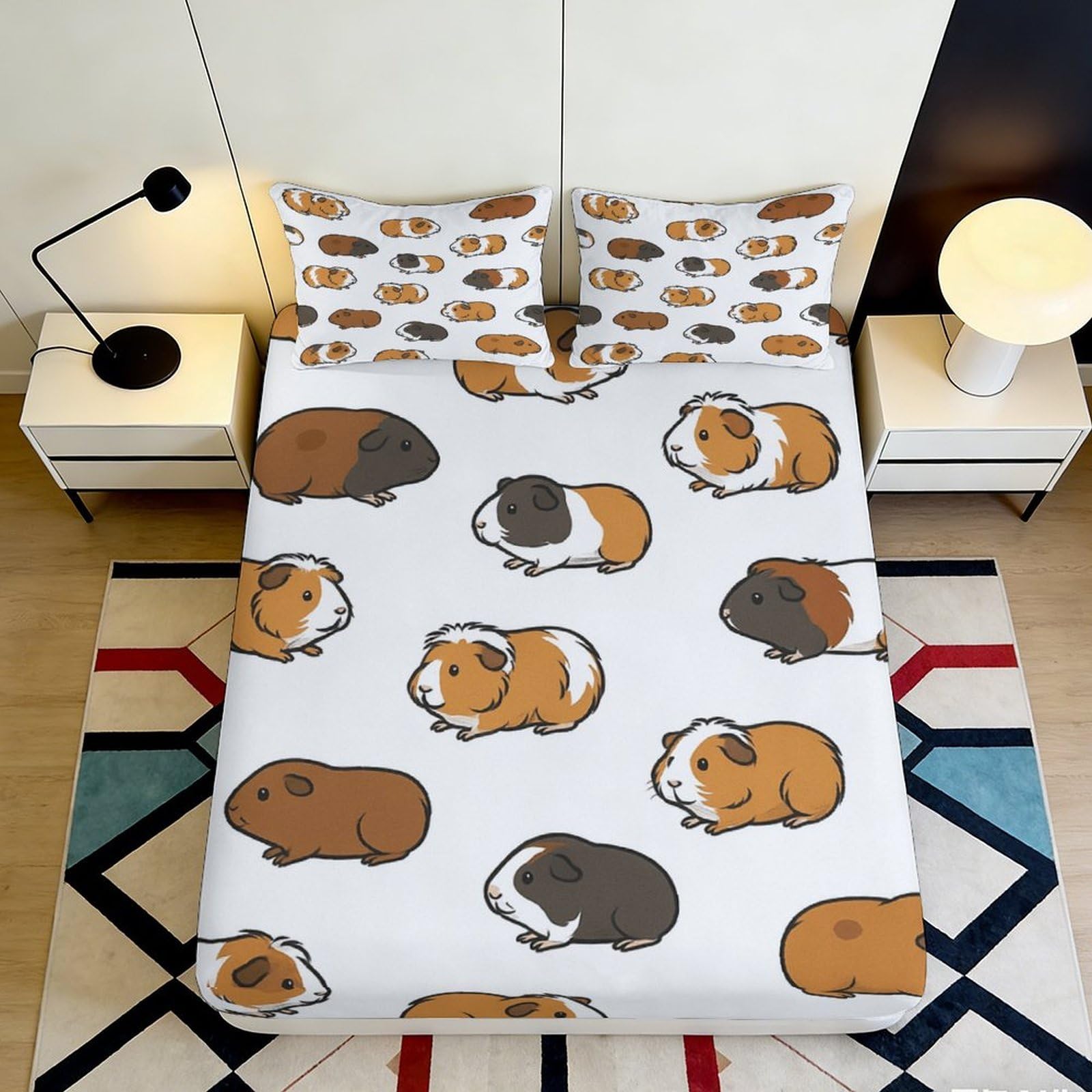 3D Printed Guinea Pig Fitted Sheet Microfiber Soft Cartoon Rodent Bed Cover for Bedroom Decor Dorm Mattress Protection 90x200x25cm