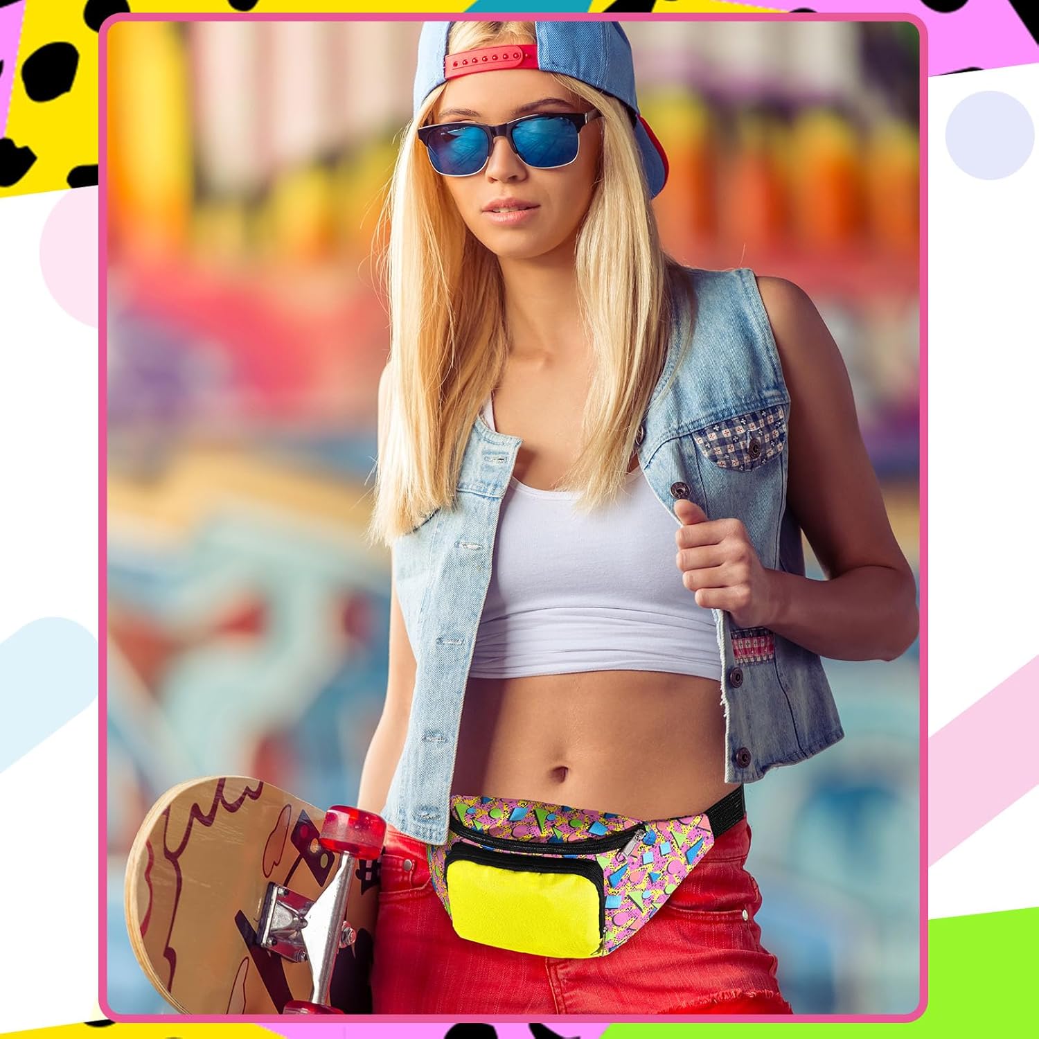 Xuniea 80s Retro Neon Fanny Pack 2 Pockets Belt Bags 90s Costumes for Women Men Waist Packs for Holiday Festival 80s Theme Halloween Party(Stylish Color) - Image 5