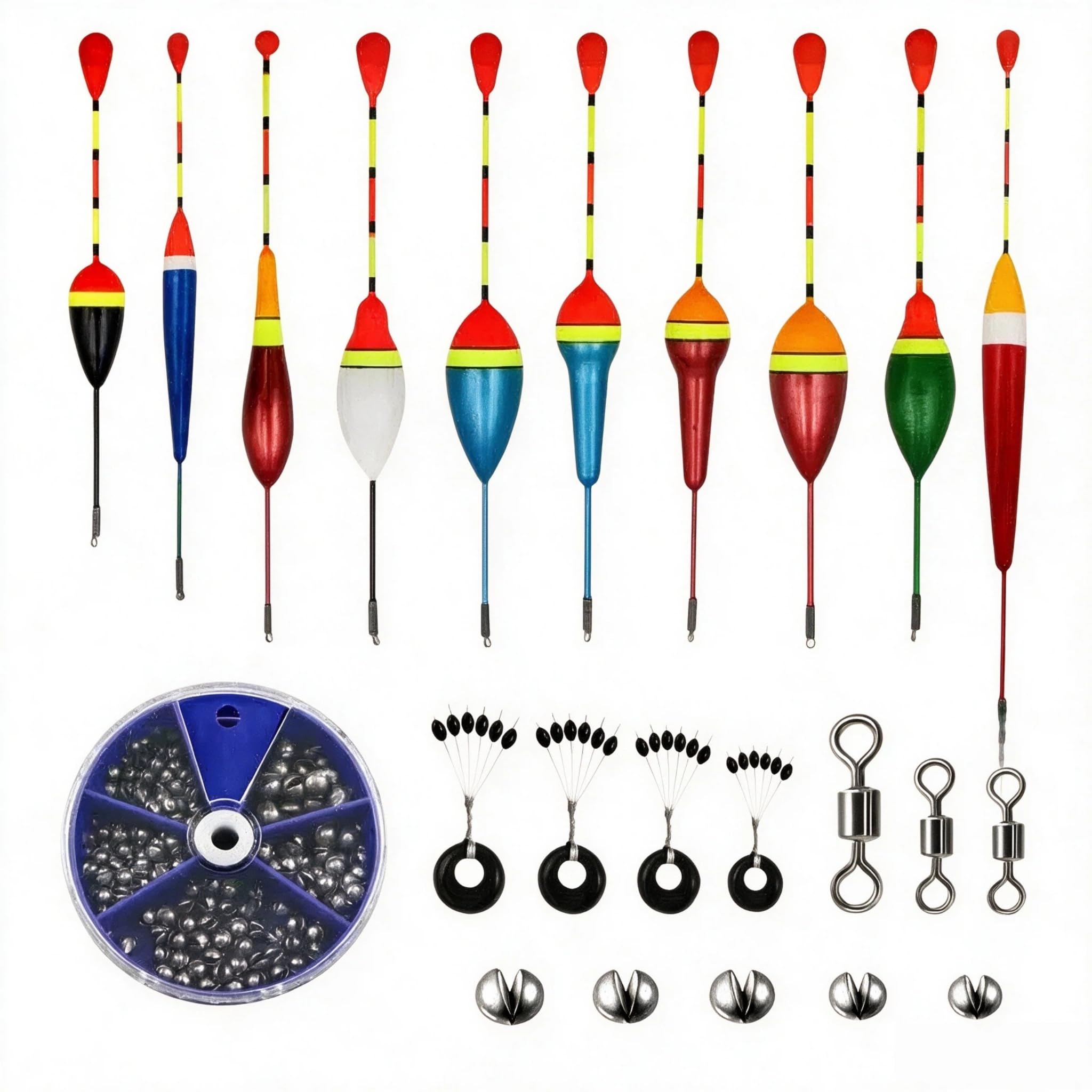 18Pcs Fishing Float Set with Split Shot Sinkers, Swivels & Float Stopper