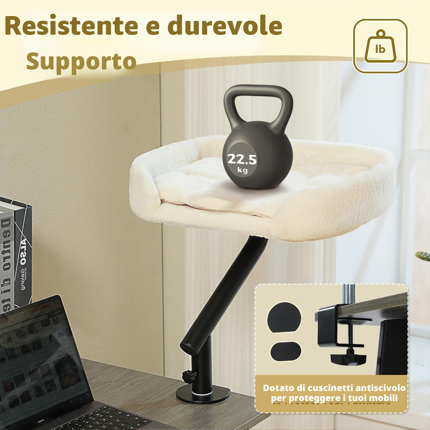 PAWZ Road Letto per gatti da ufficio con palla in peluche interattivo, cestino per letto girevole a 360°, amaca per gatti da graffiare, supporta fino a 22,5 kg, beige
