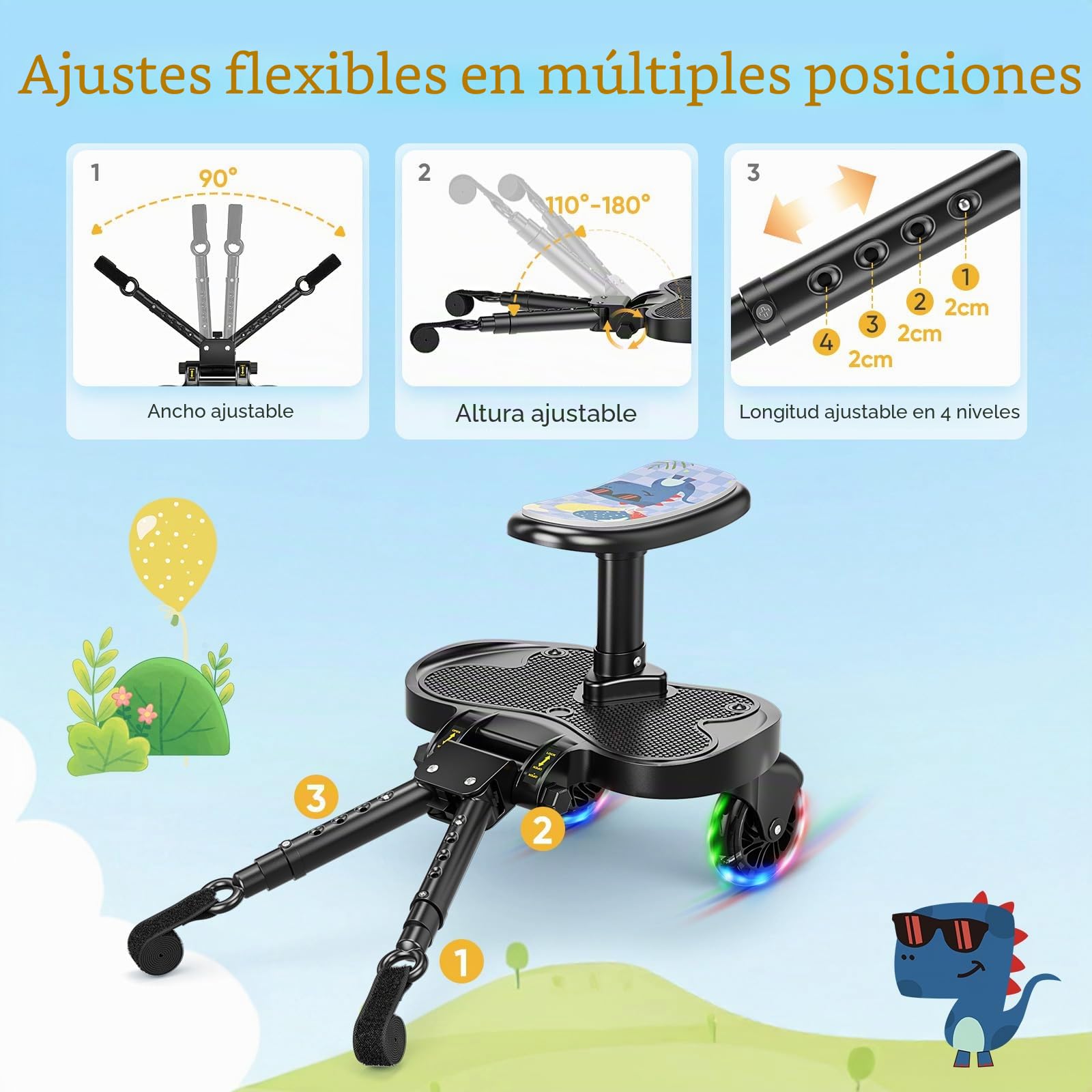 Silla de paseo con asiento, plataforma universal con ruedas LED, accesorios para niños a partir de 2 – 6 años (25 kg), accesorios para cochecito de bebé para más del 99% de los cochecitos