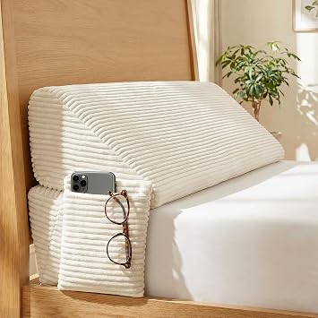 Adjustable Bed Gap Filler for Headboard, 2-Layer Connected Wedge Pillow, Corduroy Cover with Pocket, High Density Foam Mattress Gap Filler for Bed, Split Mattress & Floor Bed White, 39"11.81"7.48"