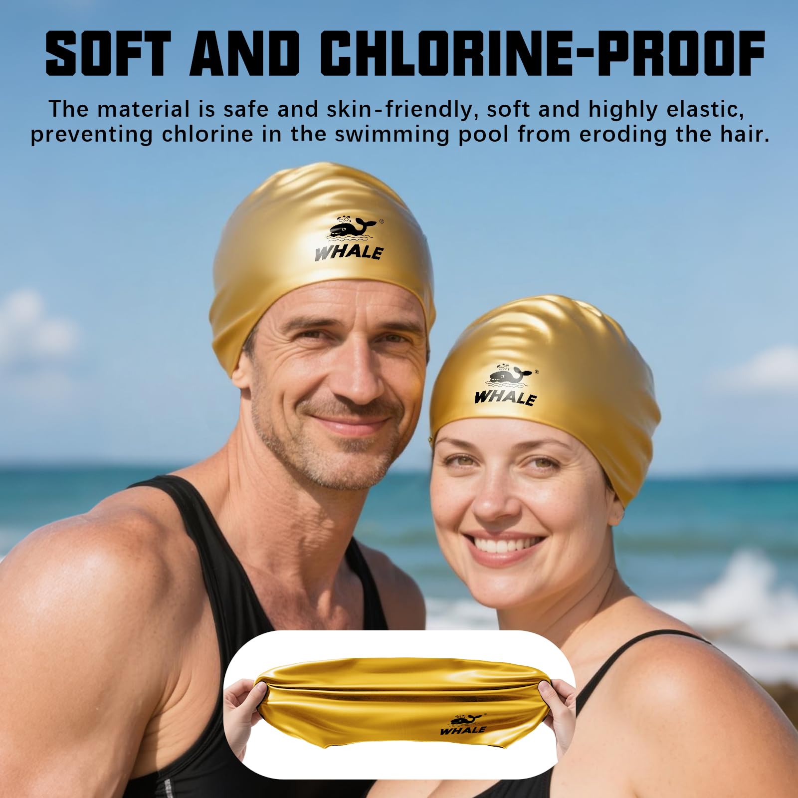 WHALE Bonnet de bain en silicone imperméable, avec protection des oreilles, antidérapant, haute élasticité, garde les cheveux au sec, unisexe, grande taille, convient aux cheveux longs, bouclés et