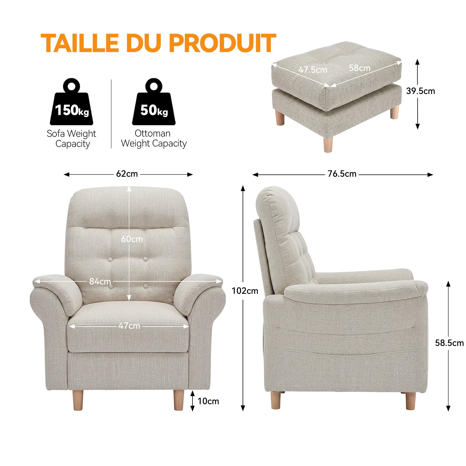 COMHOMA Fauteuil de Relaxation, Fauteuil Inclinable avec Tabouret, Dossier 4 Niveaux Réglable, Poche latérale, Fauteuils Rembourré Sac à Ressorts Simple Salon Chambre Cinéma, Chenille, Beige