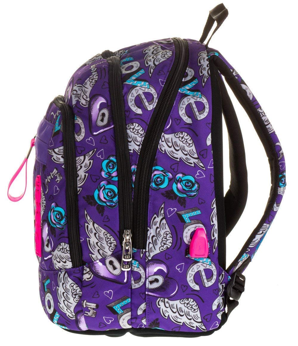 ZAINO SCUOLA SEVEN New Advanced Keys Supporto USB viola cuori ragazza + ASTUCCIO 3 PIANI COMPLETO + astuccio 3 piani completo zip + portachave paillettes + omaggio 10 penne colorate