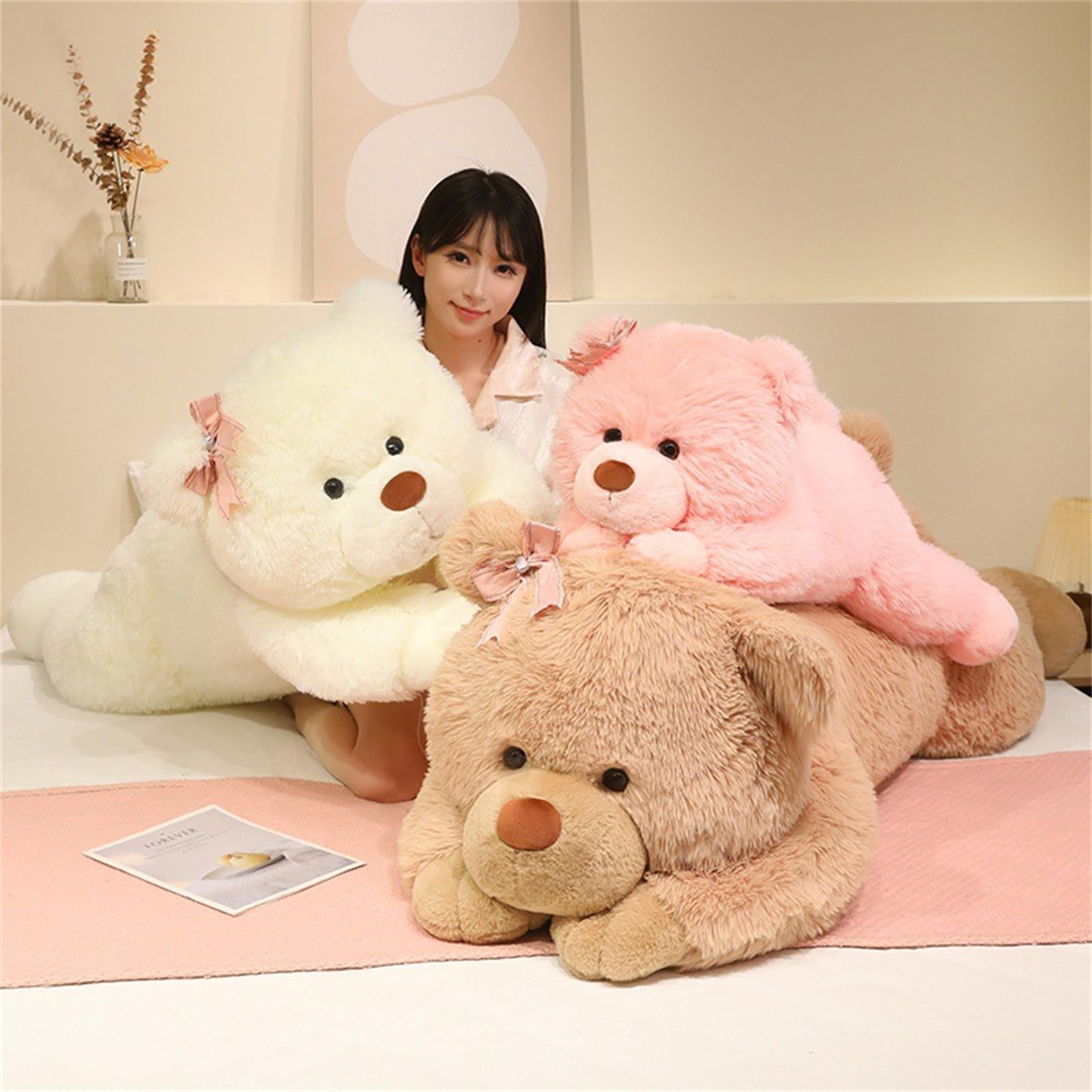 Niedlicher Rosa Teddybär Plüschtier, weicher liegender Bär Kuscheltier mit Schleife, süßes Plüschtier Teddy, weiches Stofftier Geschenk für Kinder Mädchen und Jungen (90cm,Fen)