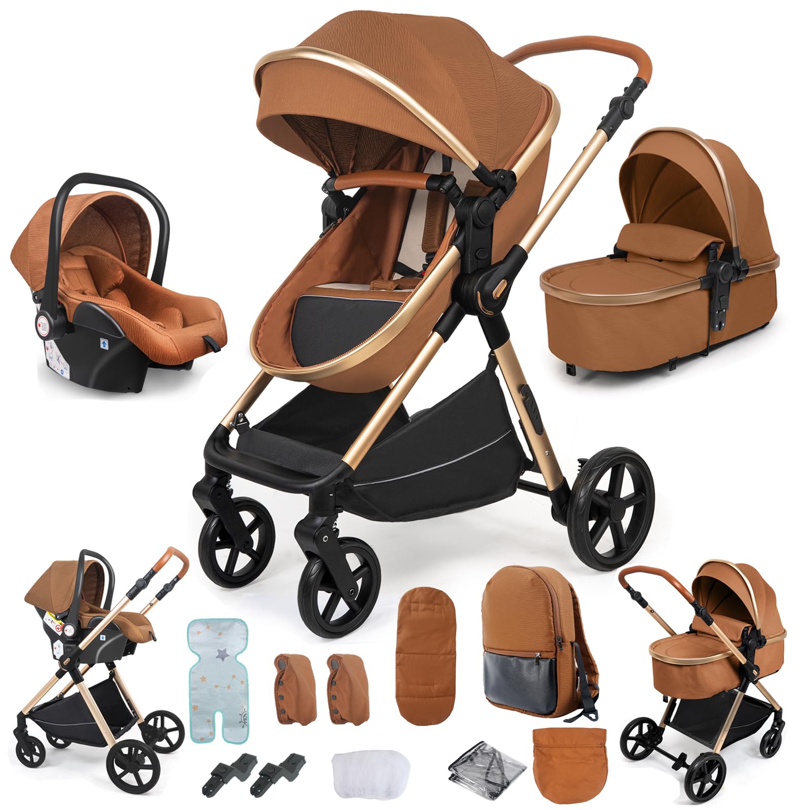 MoLi Kinderwagen 3 in 1, Kinderwagen mit Umkehrbarem Doppelschiebemodus, Buggy mit Großer Bequemer Babywanne, Kombikinderwagen 3 in 1 Rahmen Aluminiumlegierung Faltbar Hohe Landschaft (H2 Caramel)