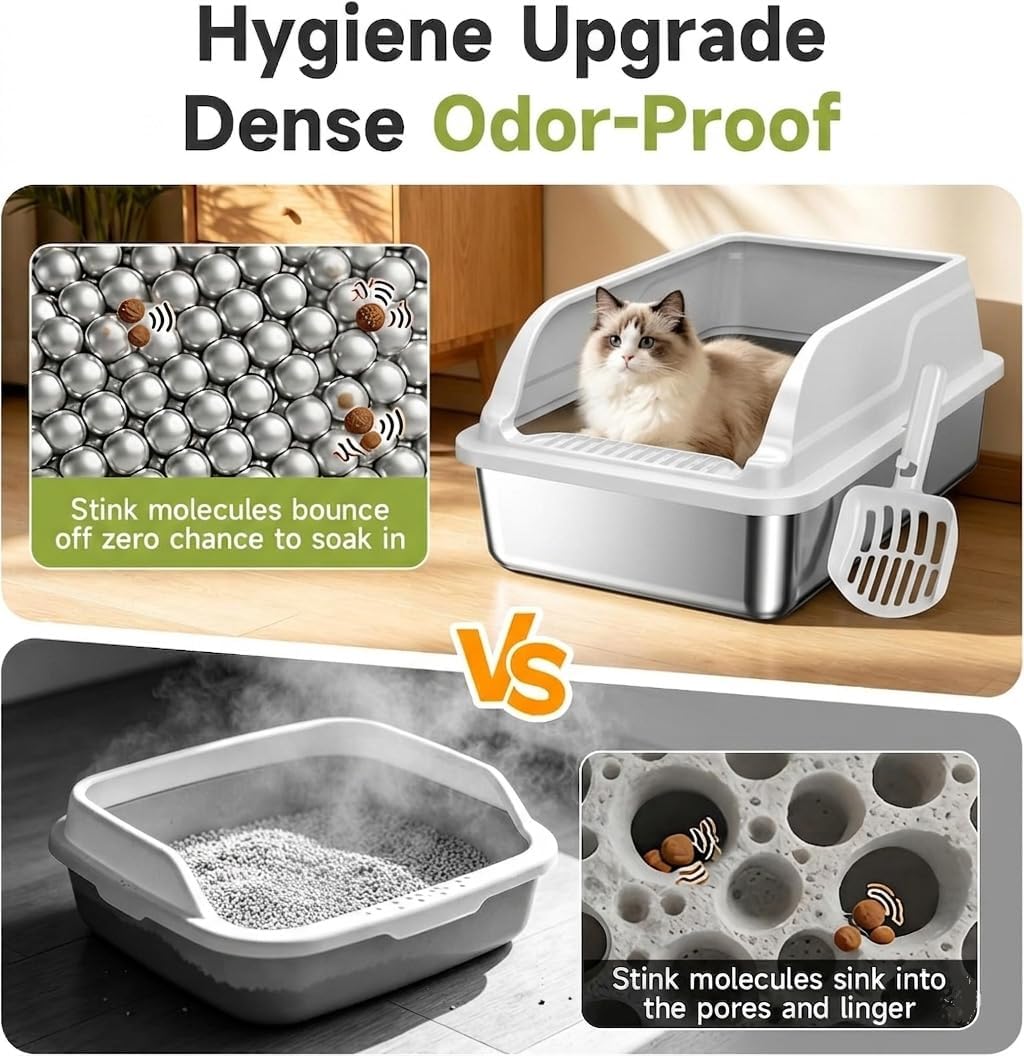 Stainless Steel Cat Litter Box, Metal Low Entry Litter Boxs with Lid, Large Litter Box Never Absorbs Odors, Leak-Proof, Stain-Free, Rust-Free, Easy to Clean, Scoop Included