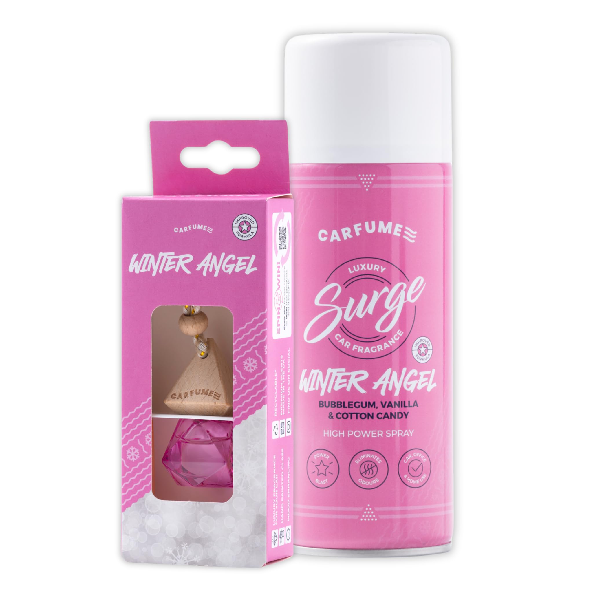 Carfume Winter Angel Car Air Freshener Twin Pack | Limited Edition Scent | Bubblegum, Vanilla & Cotton Candy Fragrance - Diffuser & Surge Can Bundle - Luxury Pink Car Accessory Gift For Women