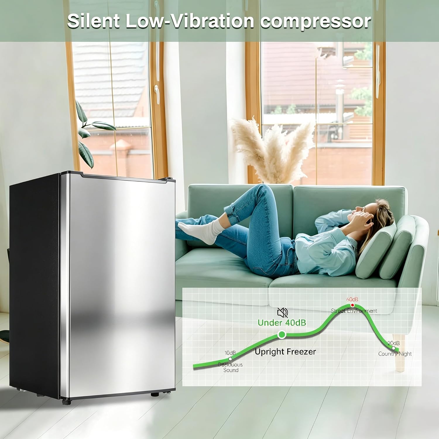 Mini Upright freezer 3.6 Cubic Feet Mini Freezer, Single Door Compact Freezer with Reversible Stainless Steel Door, 3-Speed Temperature Adjustment Small freezer for Home, Glossy Silver
