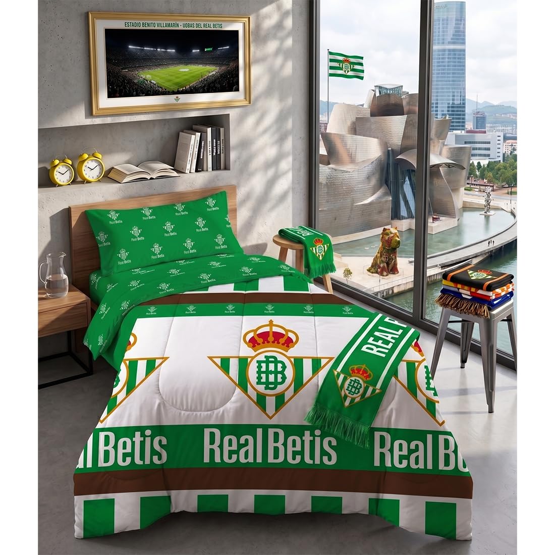 Juego de Cama de 3 Piezas: sábana Bajera, sábana y Funda de Almohada. 50% algodòn, de la colección Football Club, es el Regalo para los Aficionados al fútbol (Real Betis, 105 CM)