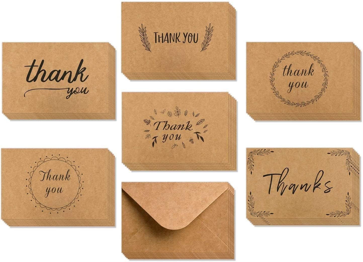 Thank You Cards of Ohuhu, 36 Pack Brown Kraft Paper 6 Design of Assorted Thank U Greeting Note Card with Envelopes and Stickers for Wedding, Business, Birthday, Baby Shower, Blank Inside, 4 x 6 Inch