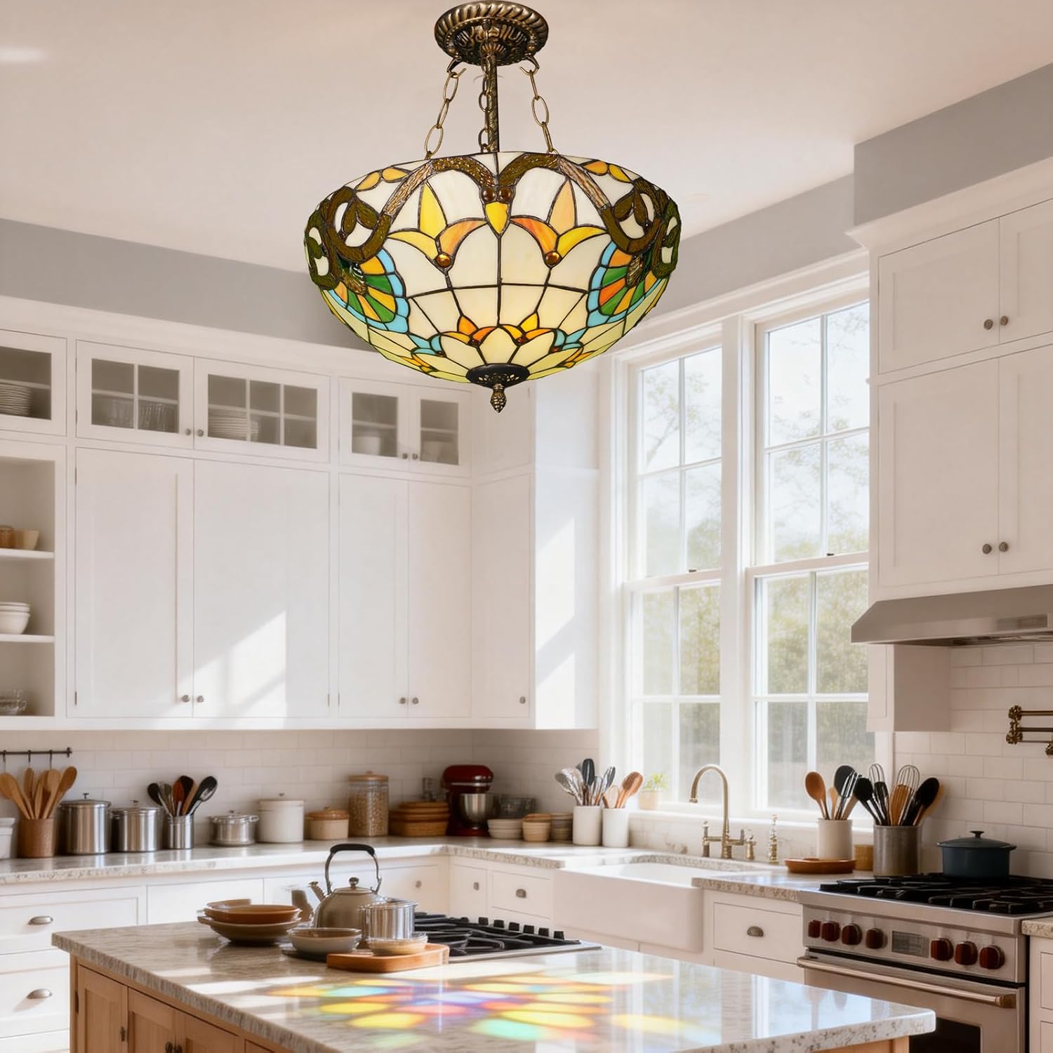 Vintage Chandelier Stained Glass Ceiling Lamp- Baroque Style Hand-Painted Pendant Light for Kitchen Island, Dining Room, Bedroom, Living Room Ceiling