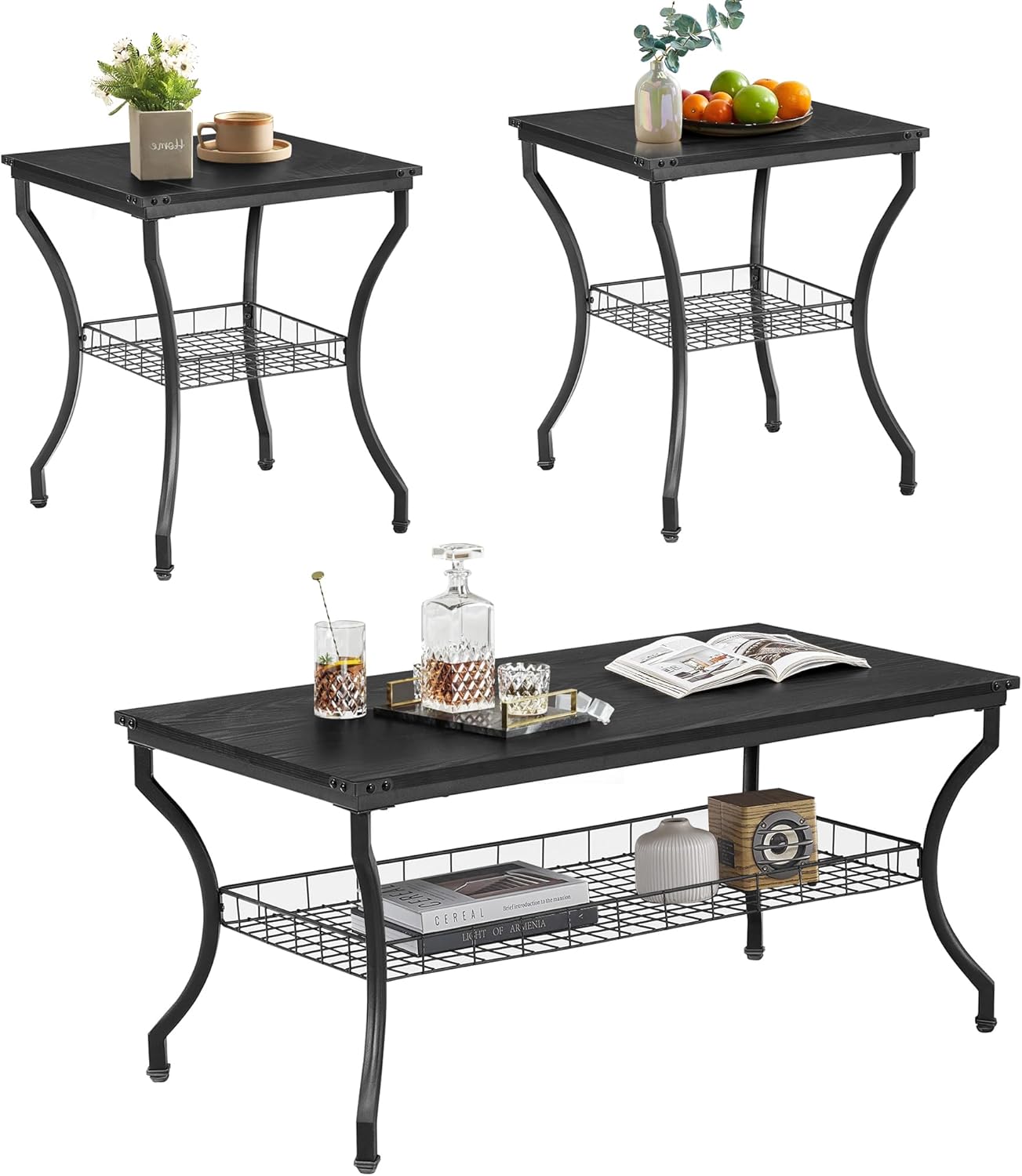VECELO 3 Pieces Living Room Table Sets, Coffee and End Tables with Open Storage Shelves for Apartment, Home Office, Small Space, Easy Assembly, Black