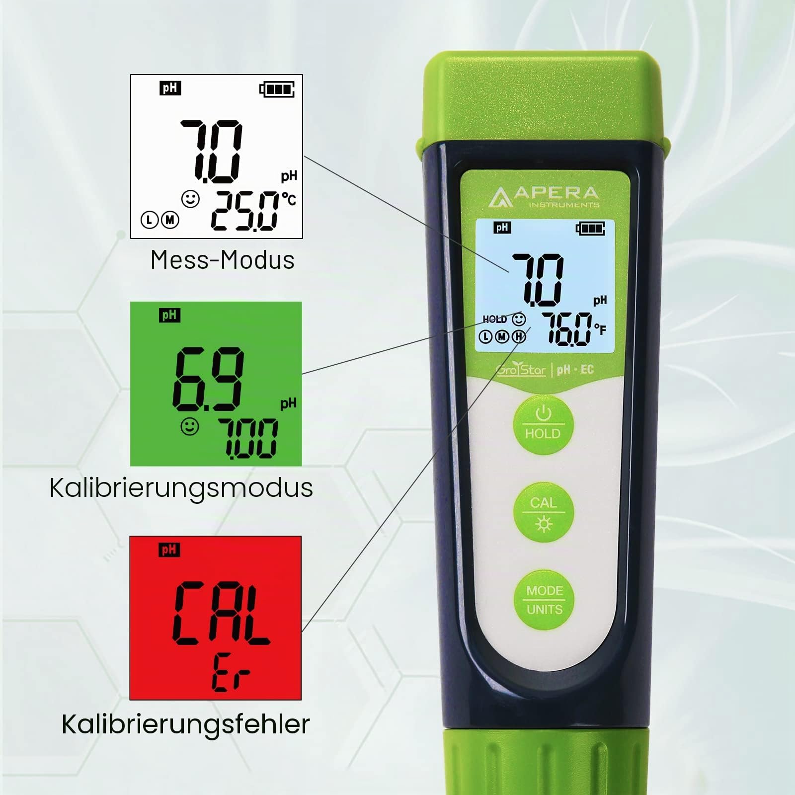 Apera GroStar GS4 pH/EC-Taschenmessgerät-Set (Gen II) | Für pH-/EC-/500ppm-/700ppm-Messungen in der Pflanzenzucht