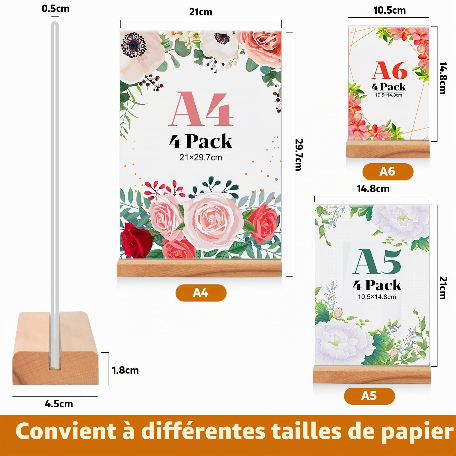 Lot de 4 Porte Affiche en Acrylique A5, Base en Bois T Forme Support Double Face Transparent, Cadre Photo en Plastique, Affichage de Menu Presentoir pour Réception, Bureau, Magasin, Restaurant, Hôtel