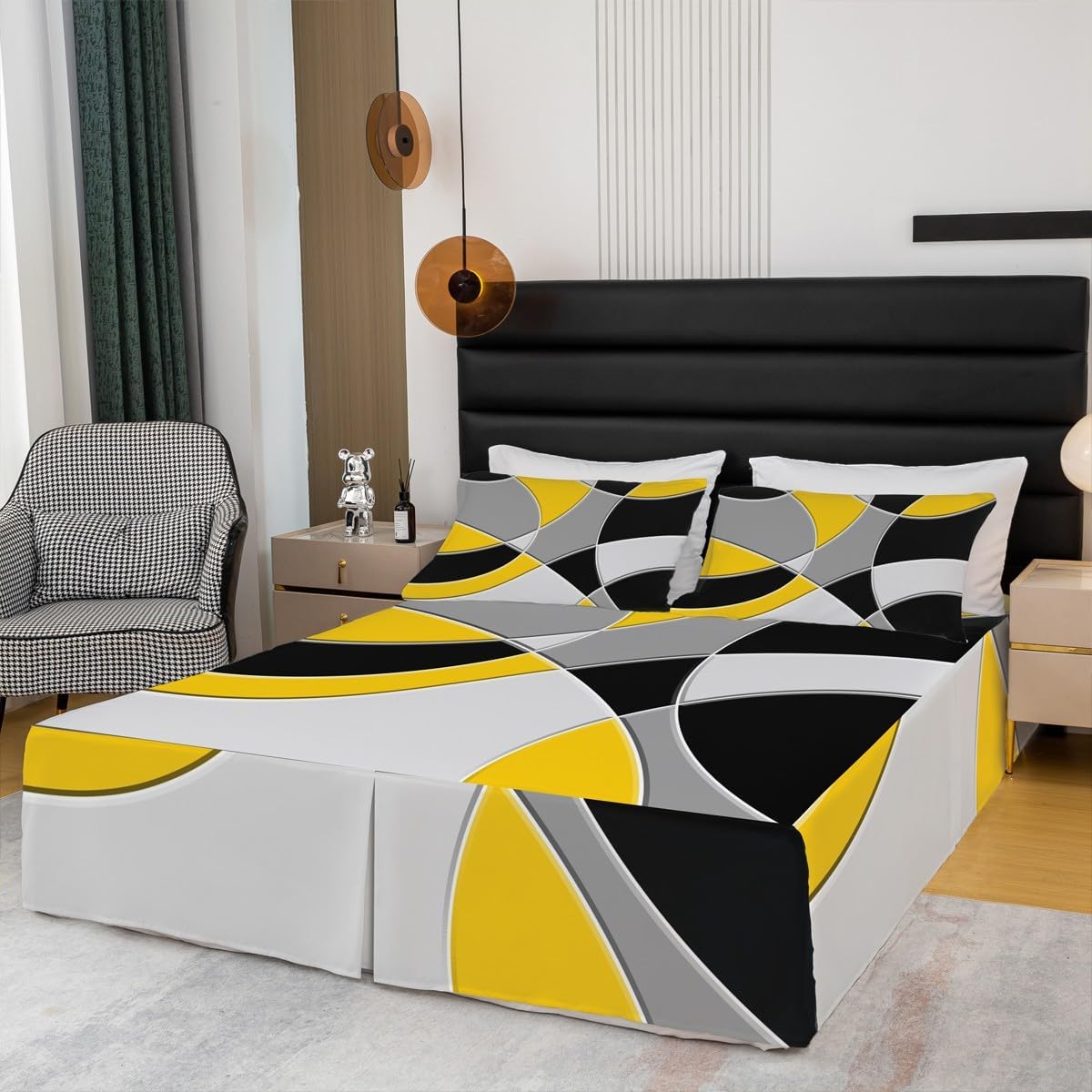 Retro Circle Bed Wrap Sheet Set Yellow Grey Black Sheet & Wrap Around Bed Skirt Circle Geometric Bed Skirt,Abstract Geometric Abstract Art Bed Skirt for Queen Bed with Split Corners