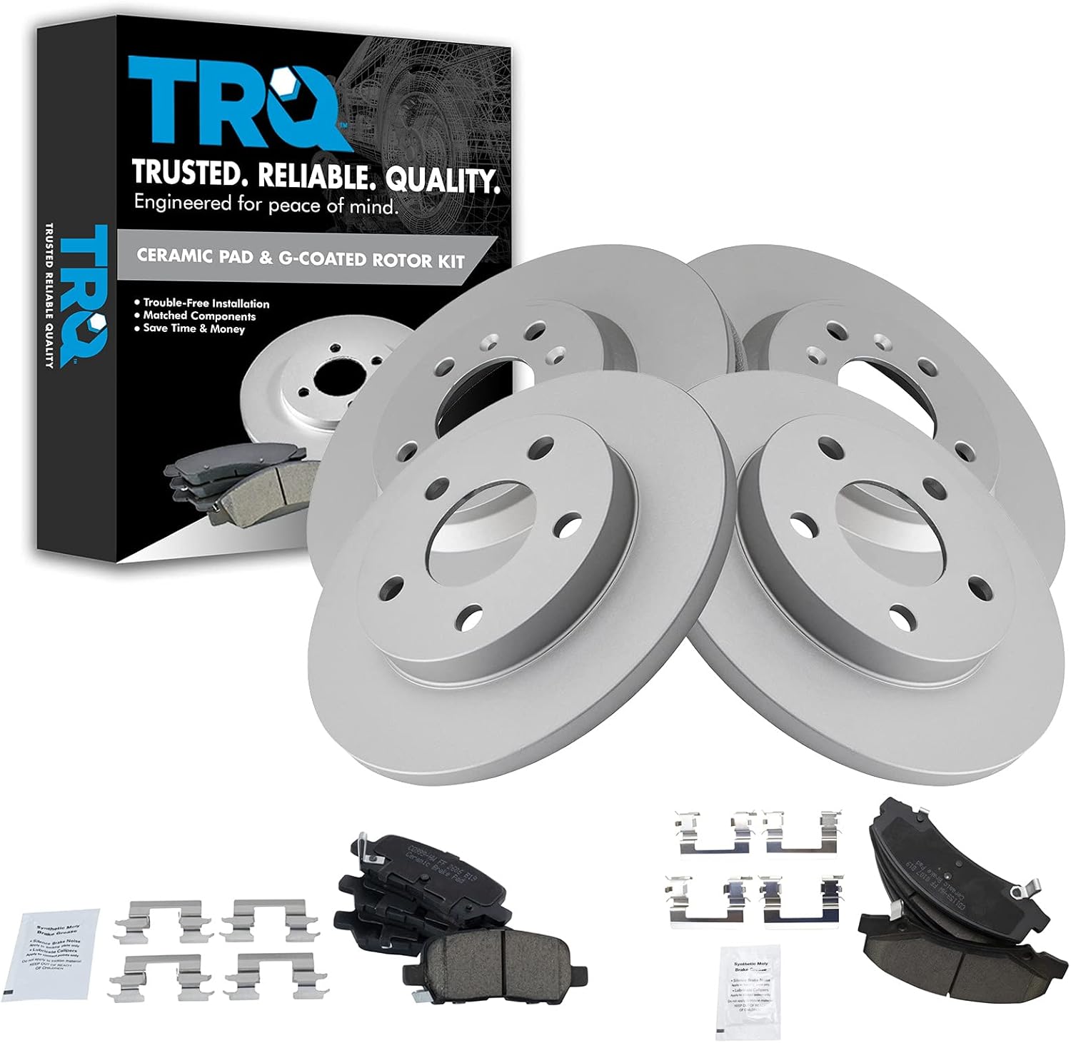 TRQ Front and Rear Brake Pad & Rotor Kit Brake Pads Brake Rotor Ceramic Premium G-Coated Compatible with 2011-2013 Chevrolet Impala 2014-2016 Impala Limited