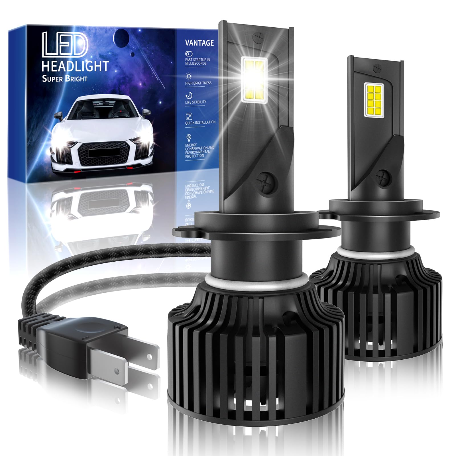 IKERY H7 LED Headlight Bulbs, 50W 20000LM 6500K LED White 300% Brighter with Cooling Fan H7 Headlight Car Conversion Kit Halogen Replacement Bulb Mini Size Plug and Play Headlight Light Bulb, 2PCS